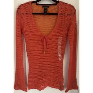 NWT DKNY Vintage Y2K Crochet Sweater Orange Coral Whimsigoth Fairycore Boho Sz M